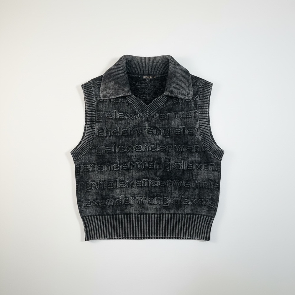 Alexander Wang Logo Knit Cropped Vest Collared Gray Size S
